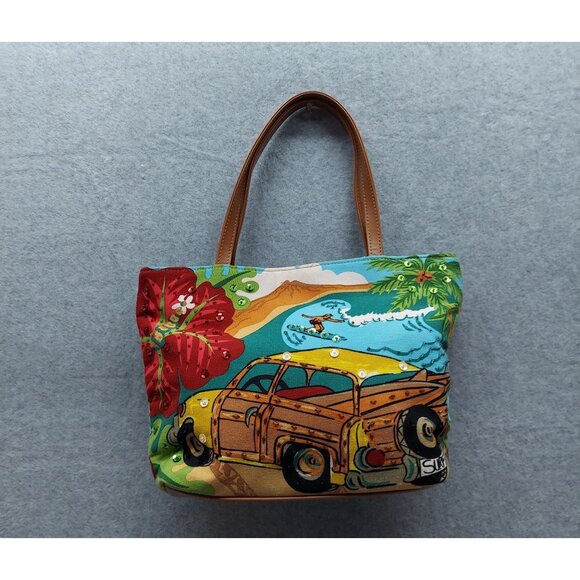 Surfer Woodie car Aloha Hawaii Hawaiian Print Canvas  Handbag With Leather Handl - Picture 1 of 13